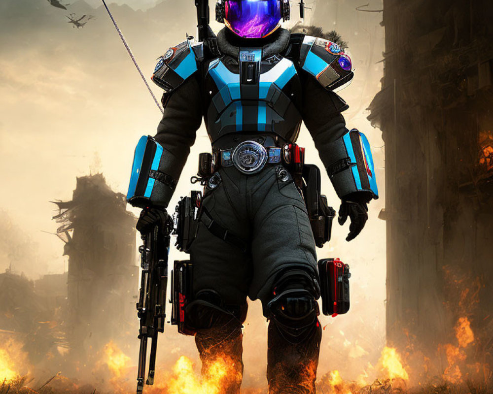 Futuristic astronaut in purple visor among flames and ruins with jetpack and advanced gear