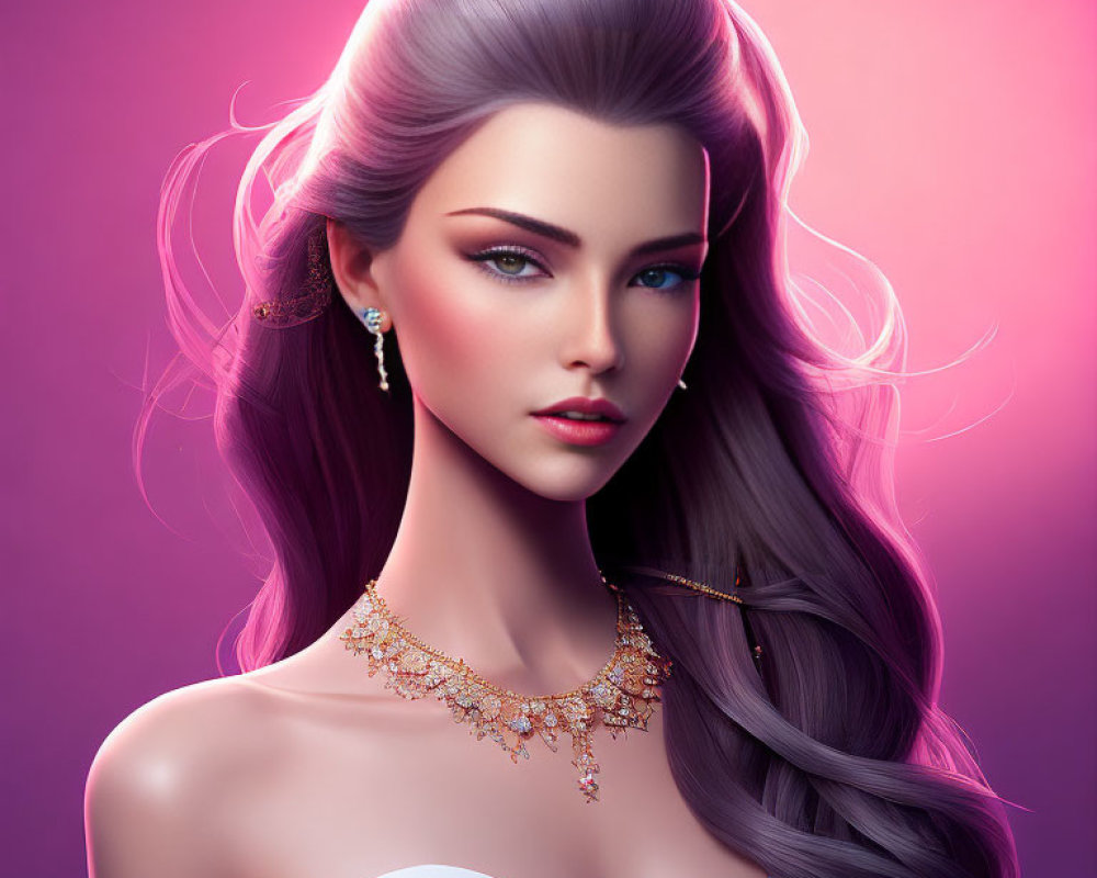 Digital artwork: Woman with purple hair, blue eyes, gold jewelry on pink background