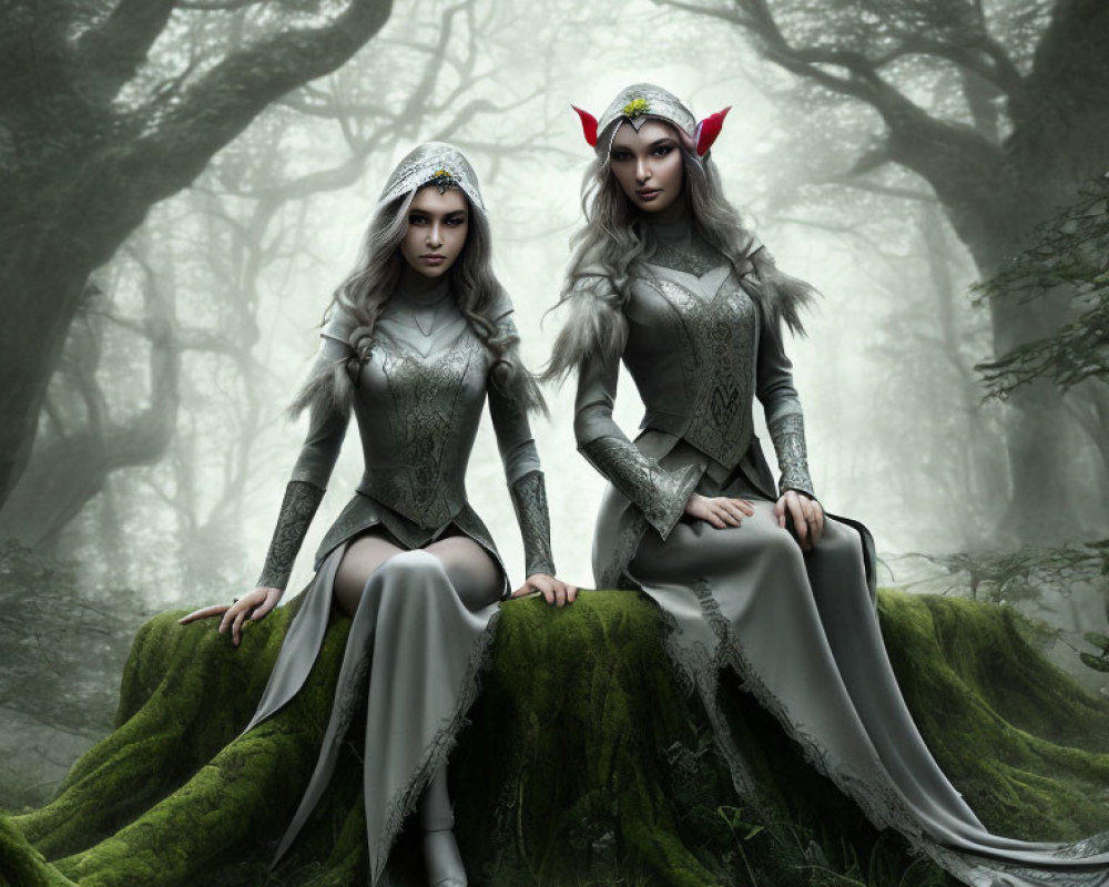 Two women in detailed fantasy attire with pointed ear accessories, seated in misty forest