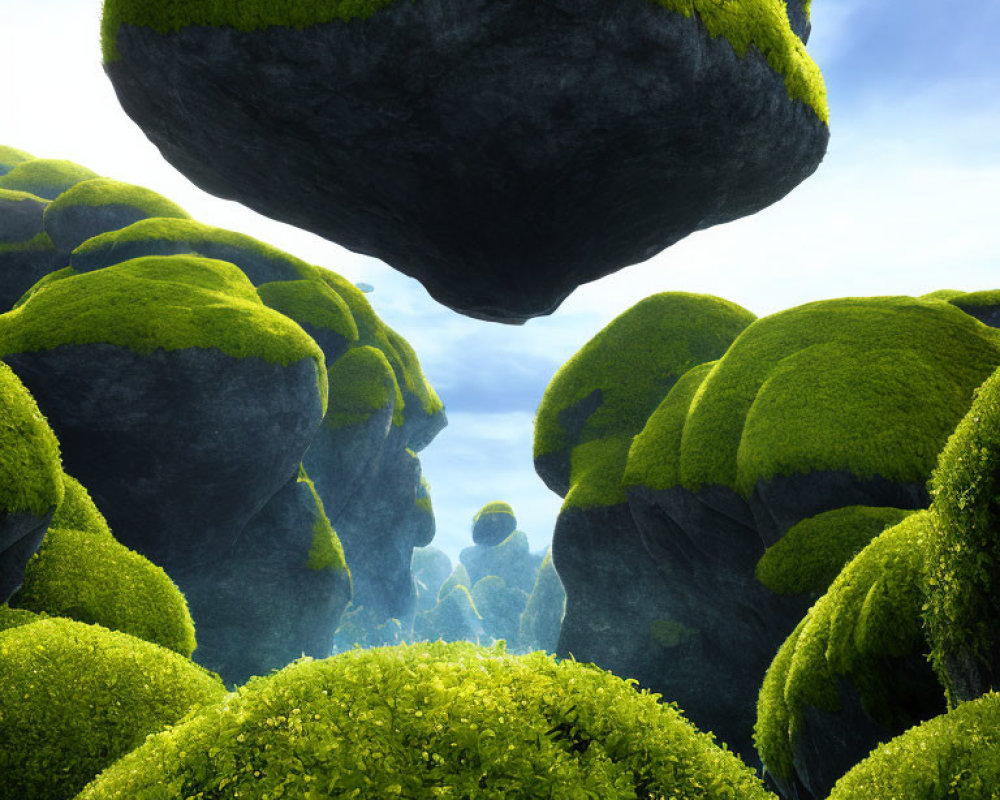 Moss-Covered Floating Rocks Under Blue Sky with Mysterious Figure