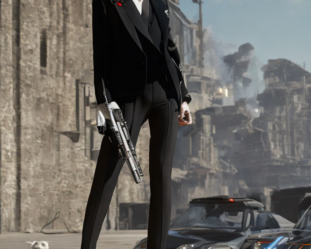 Confident woman in black suit with gun and white cat in futuristic cityscape