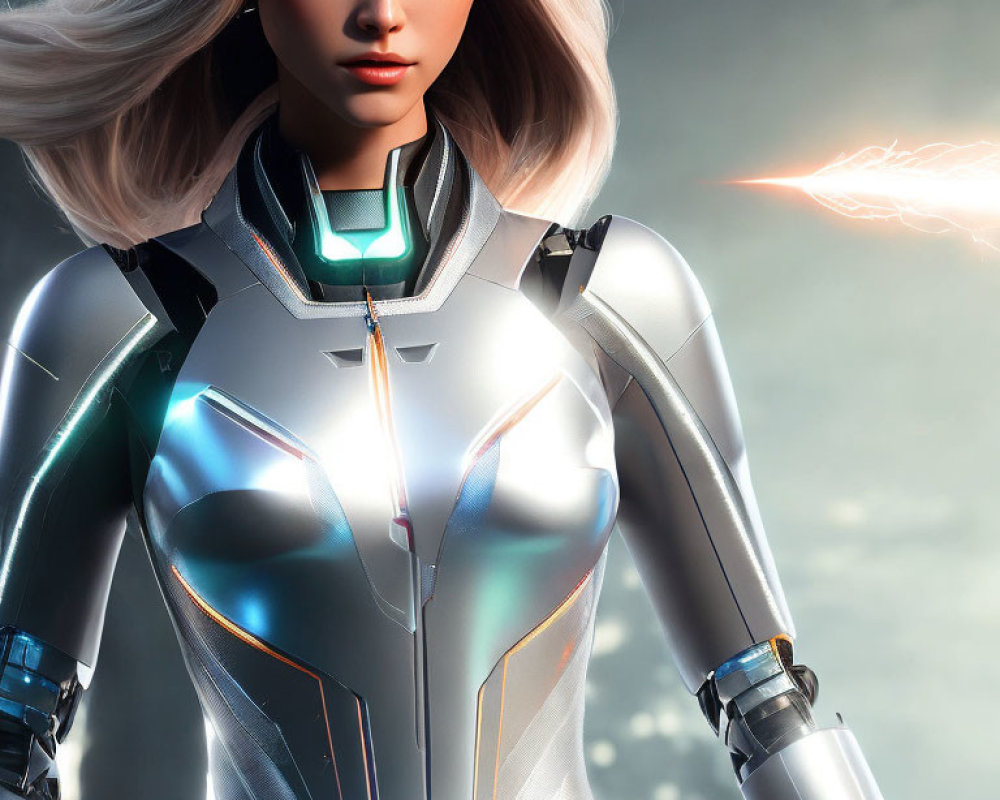 Futuristic female character in glowing high-tech armor suit with laser beam background