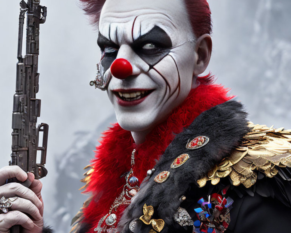 Clown with rifle in military-style jacket and red nose