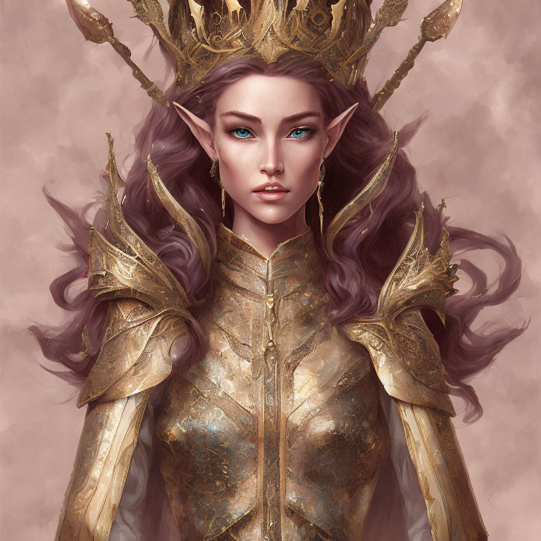 Female elf with green eyes, purple hair, golden crown, and armor on pink background