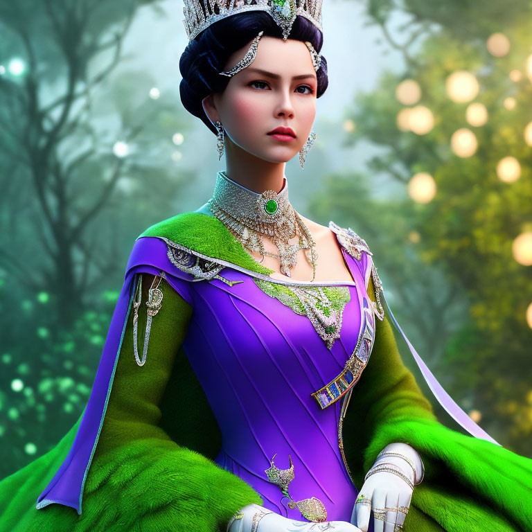 Regal woman in purple dress with green cloak and crown against forest backdrop