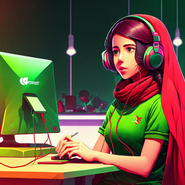 Focused woman in headset at vibrant gaming setup