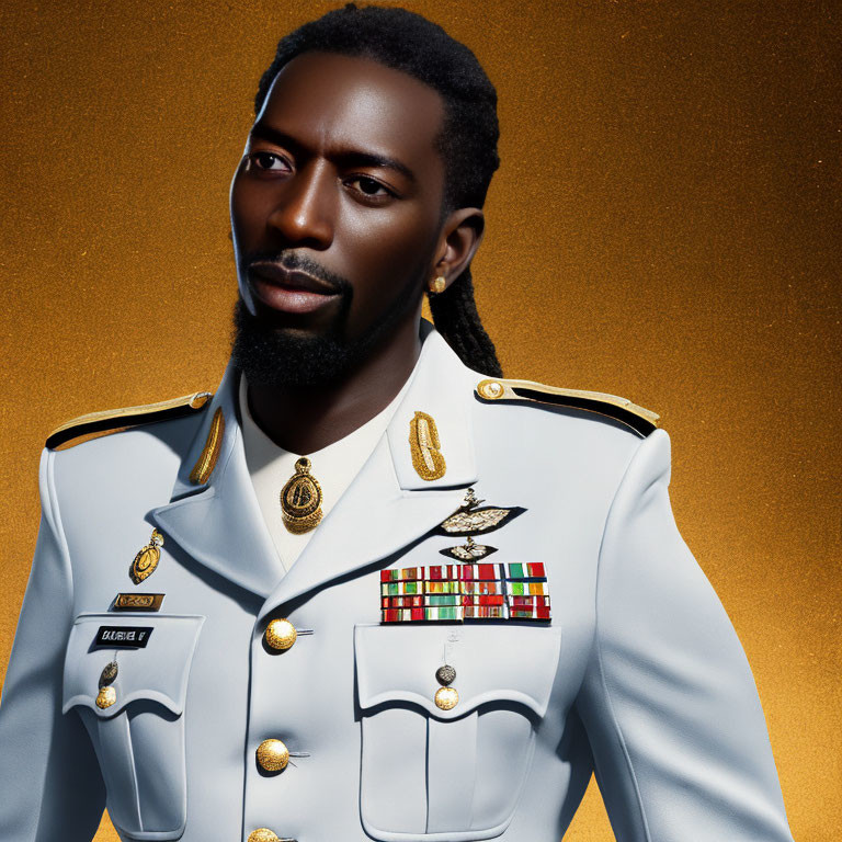 Bearded man in military-style uniform on gold glitter background