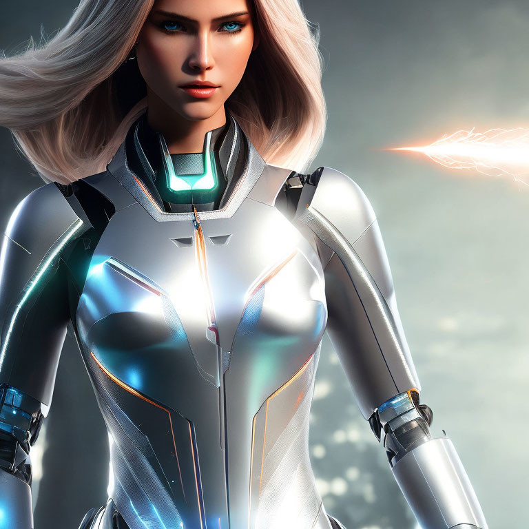 Futuristic female character in glowing high-tech armor suit with laser beam background