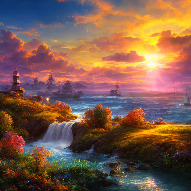 Colorful Coastal Sunset with Lighthouse, Waterfall, and Sailing Ships