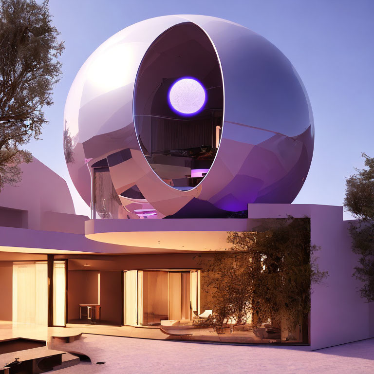 Reflective spherical structure on modern house in serene setting