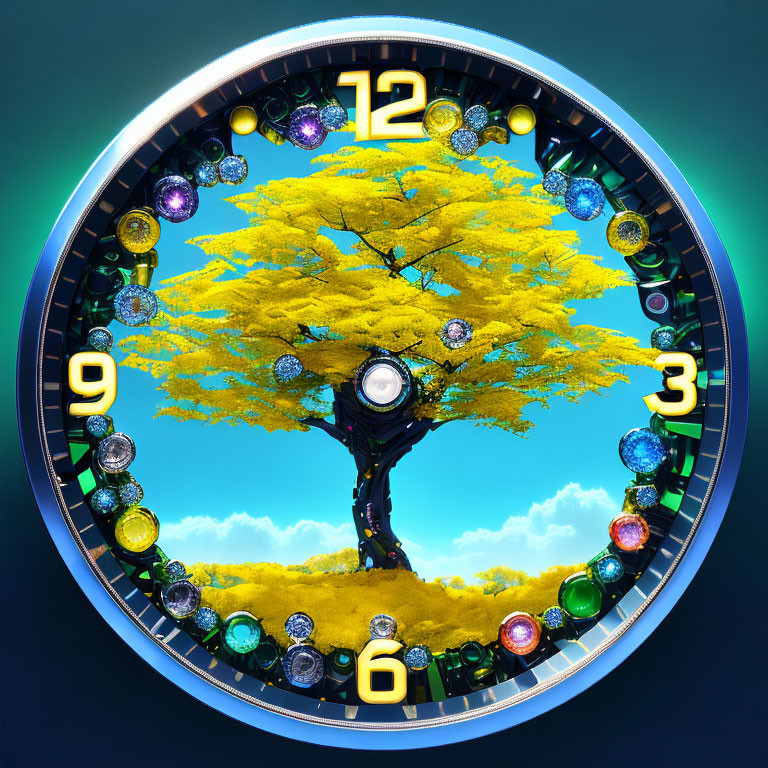 Colorful gemstones on surreal clock face with vibrant yellow tree