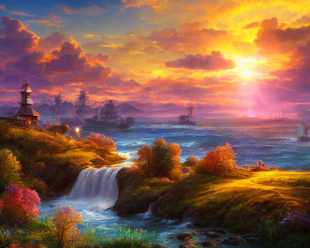 Colorful Coastal Sunset with Lighthouse, Waterfall, and Sailing Ships