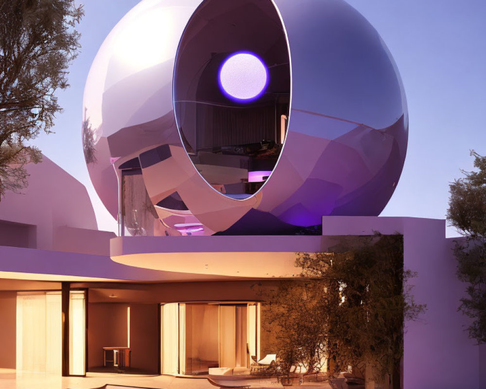 Reflective spherical structure on modern house in serene setting