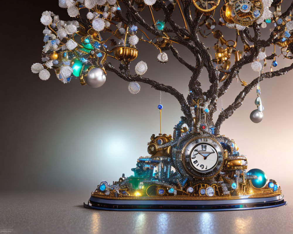 Intricate clockwork tree sculpture with glowing blue elements