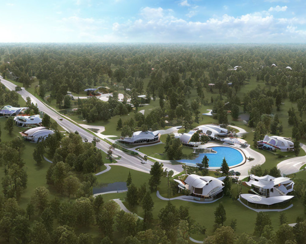 Modern housing community with unique curved-roof houses amidst lush greenery and central pool.