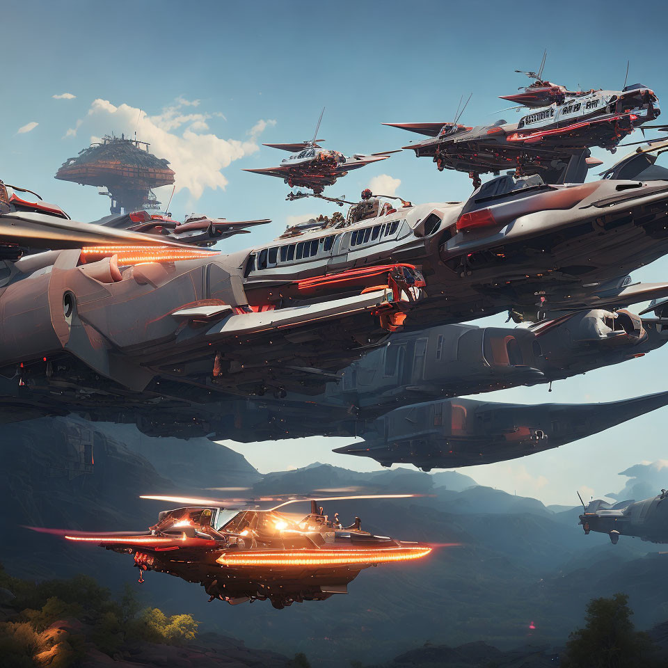 Futuristic spaceships in formation near mountains and hovering structure