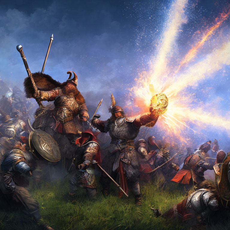 Medieval warriors in armor fighting under fiery sky, with figure holding glowing shield.