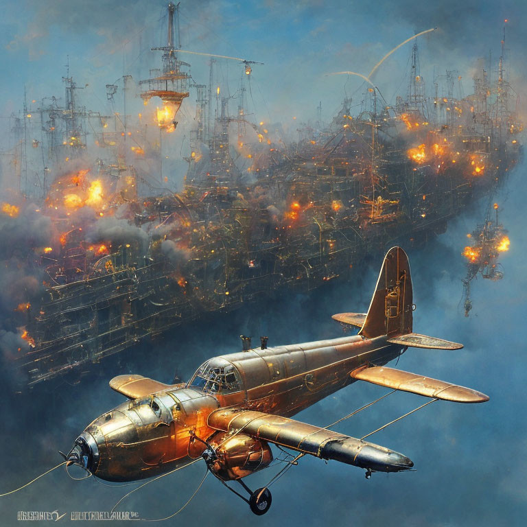 Vintage Aircraft Flying Over Industrial Naval Port with Ships and Explosions