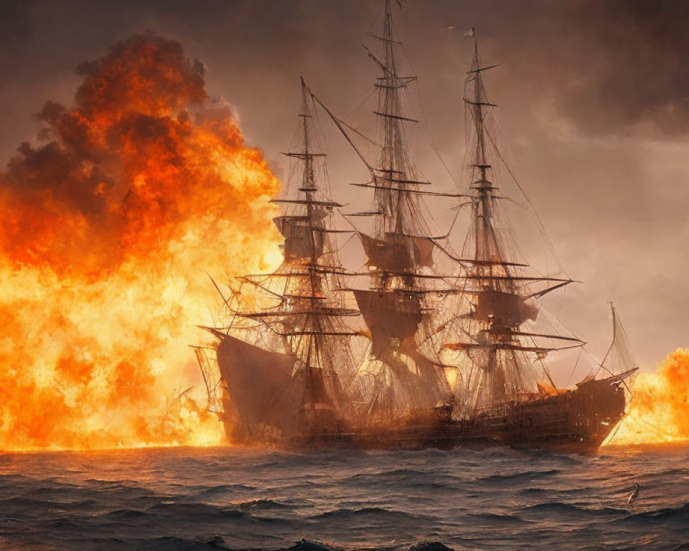 Sailing ship in turbulent seas with massive fireball explosion