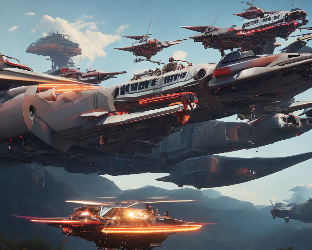 Futuristic spaceships in formation near mountains and hovering structure