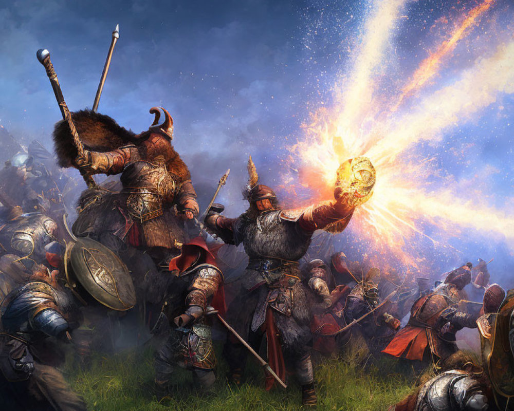 Medieval warriors in armor fighting under fiery sky, with figure holding glowing shield.