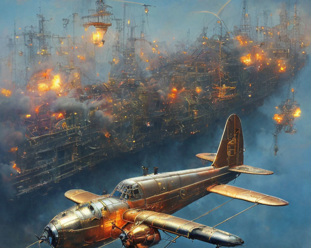 Vintage Aircraft Flying Over Industrial Naval Port with Ships and Explosions