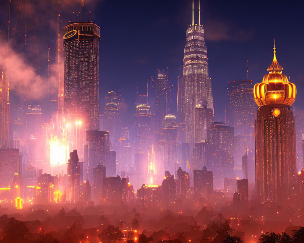 Futuristic cityscape at dusk with illuminated skyscrapers and glowing lights