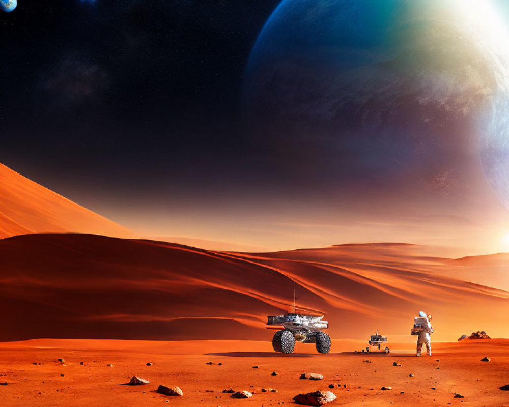 Astronaut and rover explore alien planet with sand dunes and starry sky