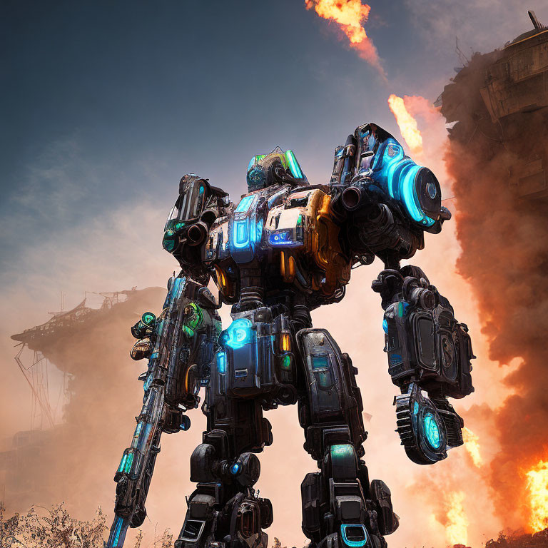 Gigantic robot in blue and black armor wields cannon in fiery battlefield