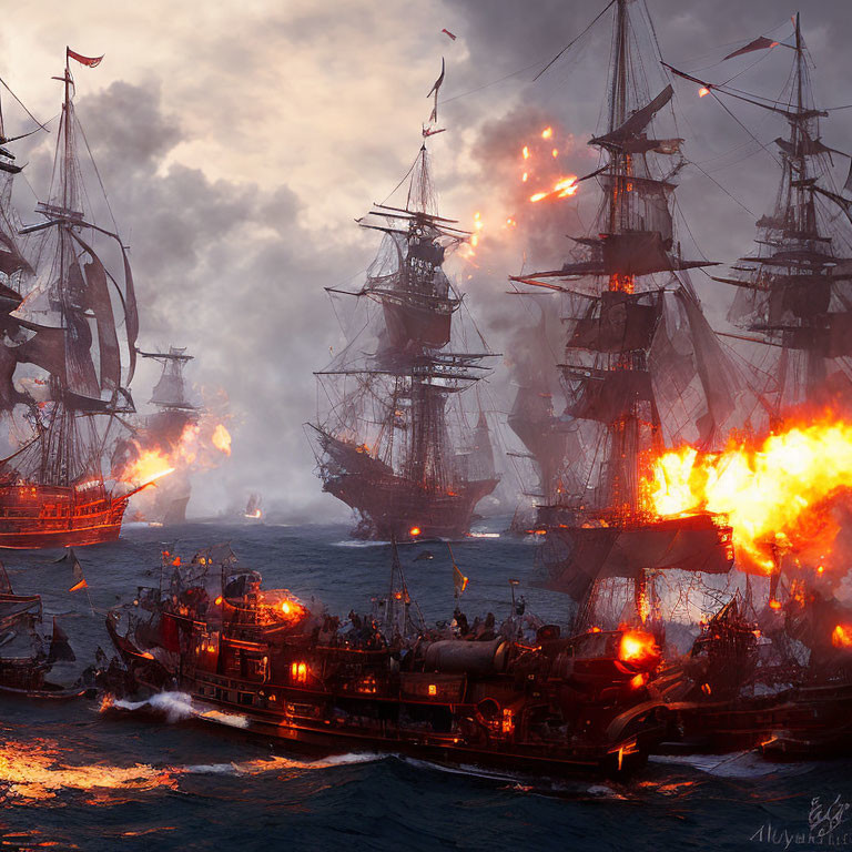Naval battle at sea: tall ships in fierce cannon fire under dramatic sky