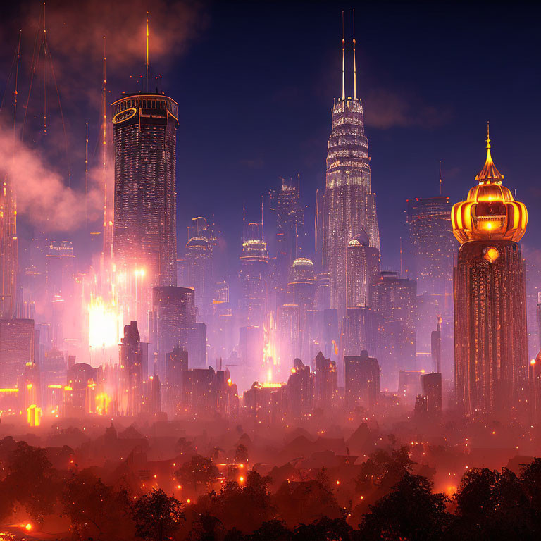 Futuristic cityscape at dusk with illuminated skyscrapers and glowing lights