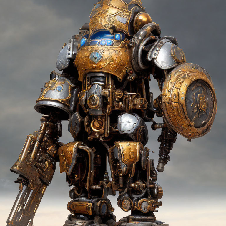 Detailed Stylized Ornate Robot Design with Gold and Blue Patterns on Moody Sky
