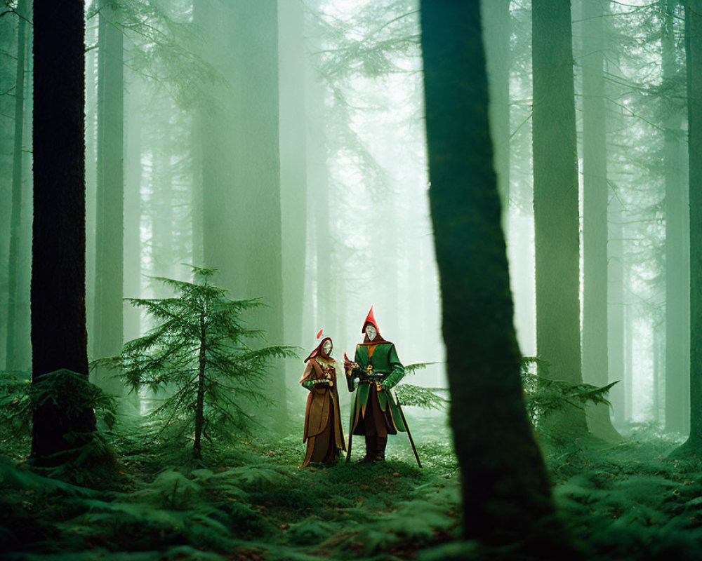 Medieval cloaked figures with bow and staff in misty forest