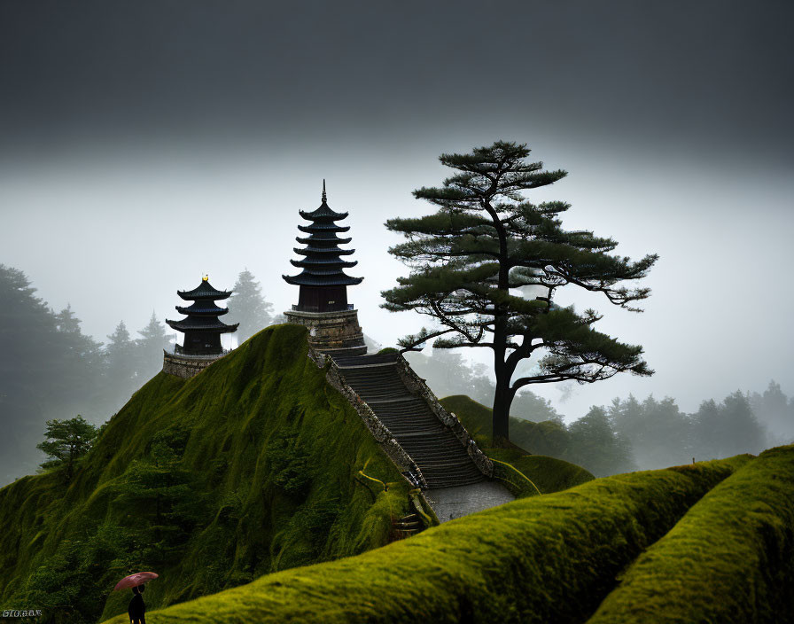 Traditional Pagodas and Solitary Figure in Misty Landscape