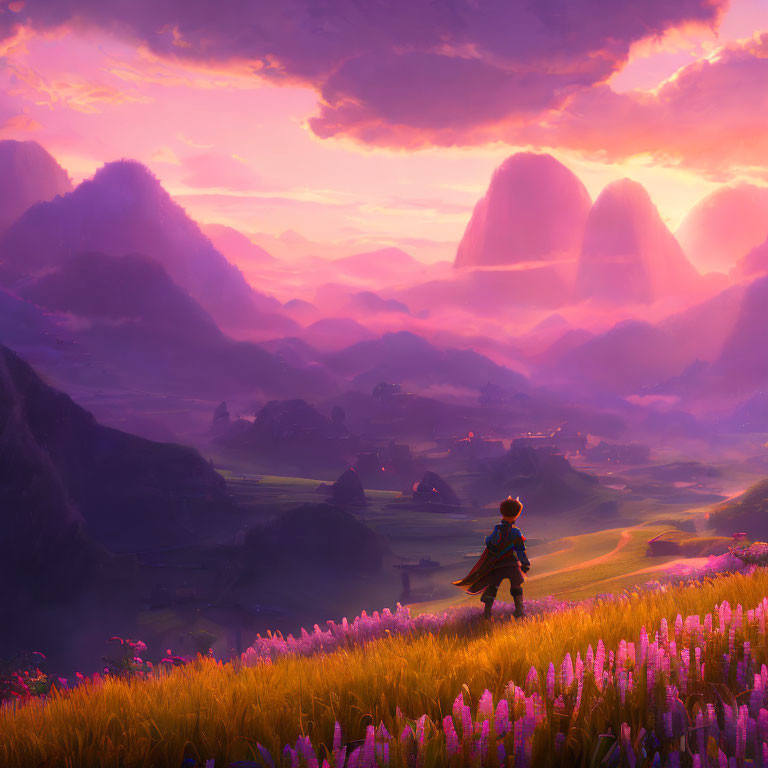Solitary figure in vibrant purple flower field at sunset