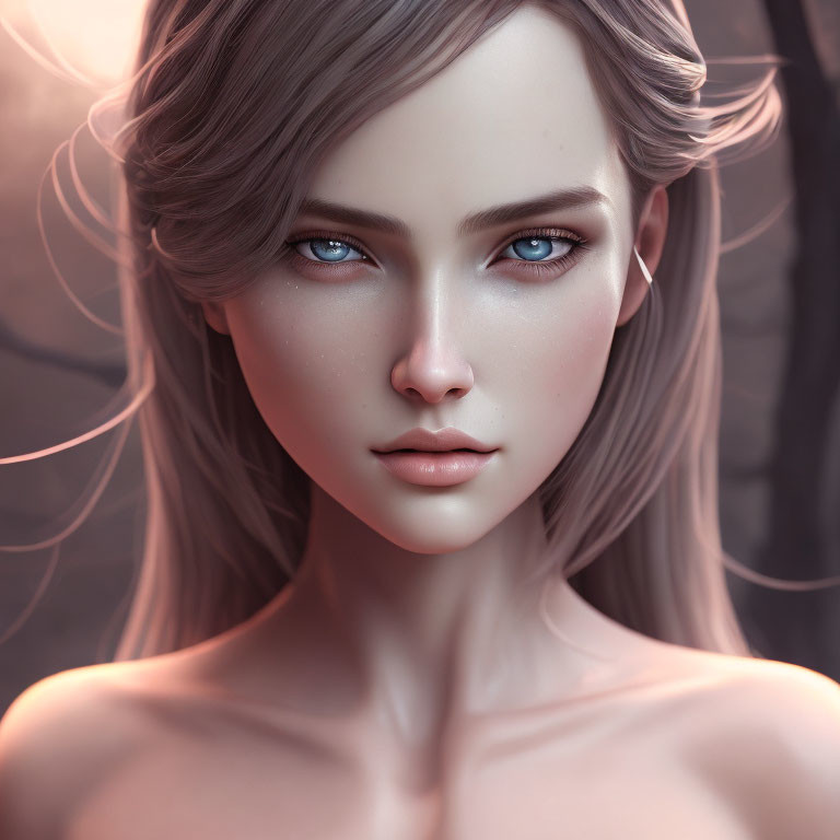 Detailed 3D-animated female character with blue eyes and flowing hair