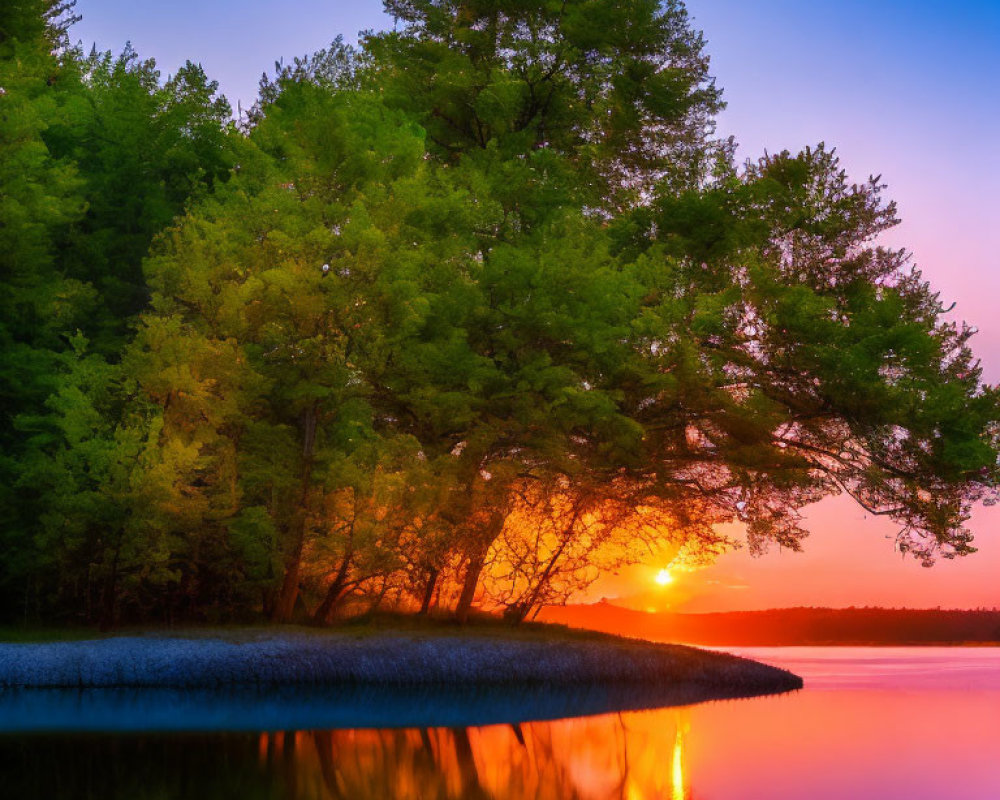Tranquil sunset over calm lake with verdant tree reflections