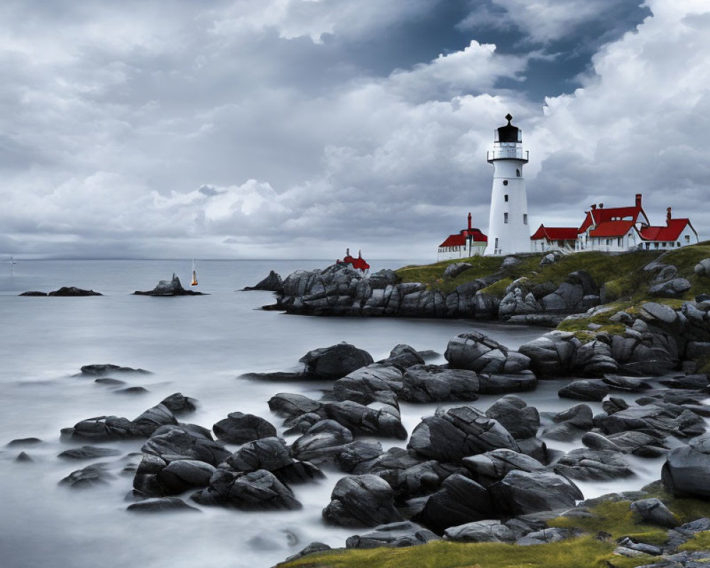 White Lighthouse with Red Rooftops on Rocky Coastal Shore amid Misty Water and Moody Sky