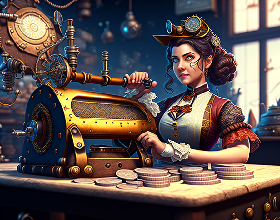 Victorian-era woman operating steampunk-style coin-producing machine.