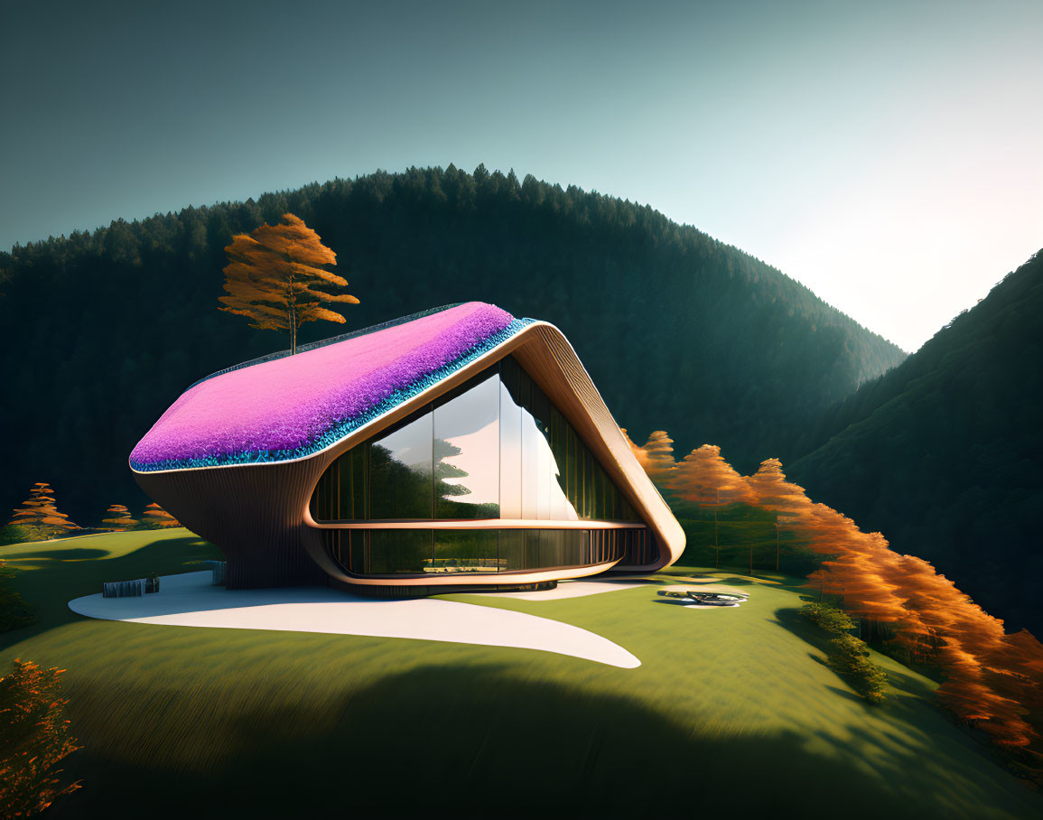 Modern Curved House in Green Forest with Glass Walls & Colorful Roof
