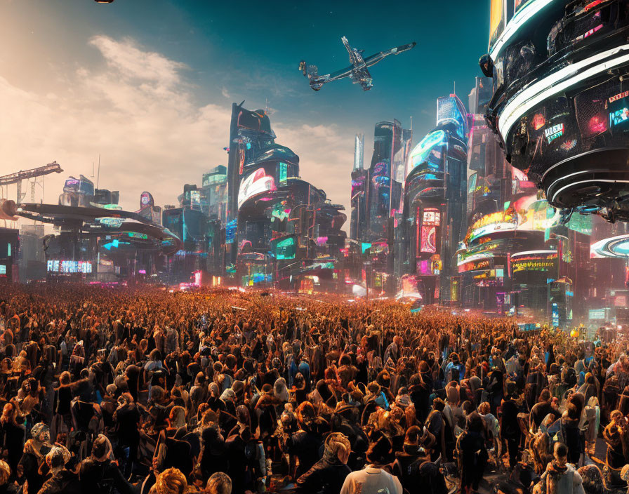 Futuristic cityscape with digital billboards, crowded streets, and flying vehicles.