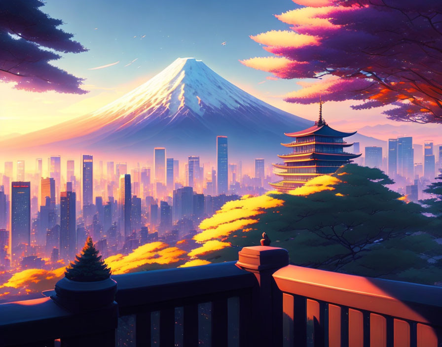Digital artwork: Person overlooking futuristic city at sunset with Mount Fuji in background