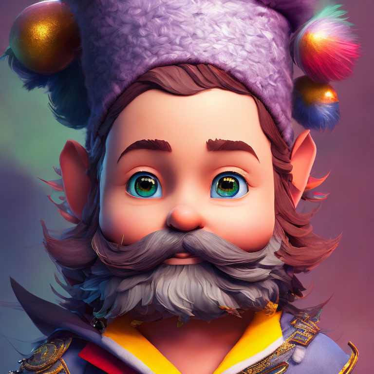 Colorful 3D illustration of a whimsical gnome with purple hat and twinkling eyes