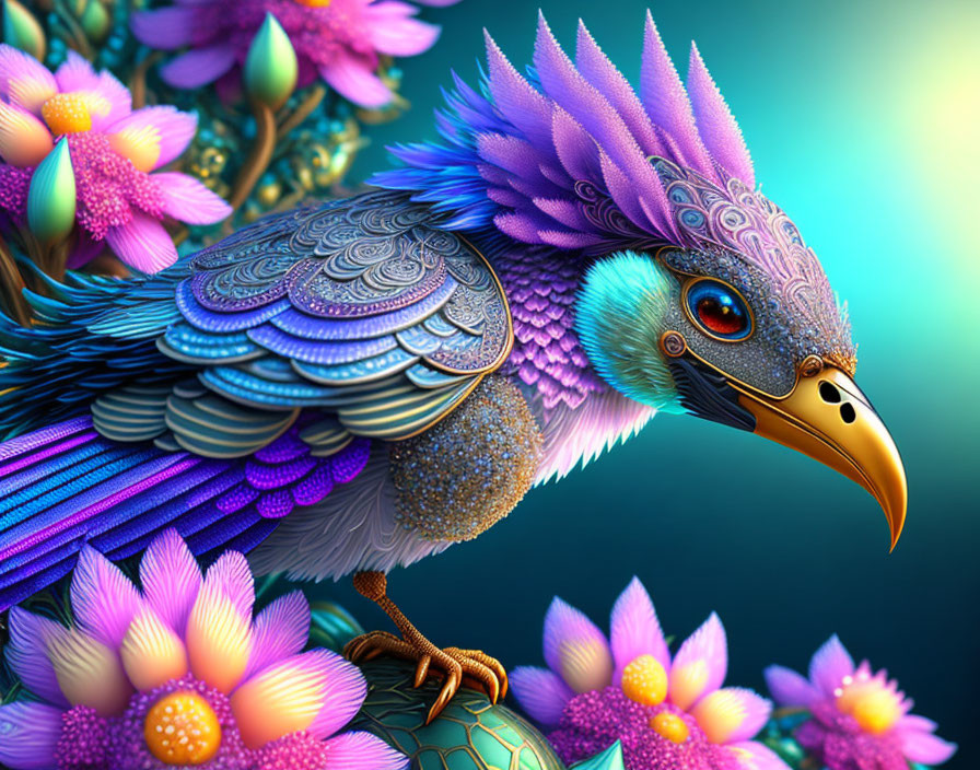 Colorful Fantastical Bird with Purple and Blue Plumage Perched Among Vibrant Blossoms