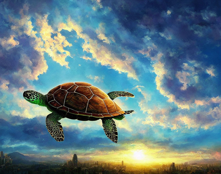 Sea turtle against vibrant sunset sky and cityscape.