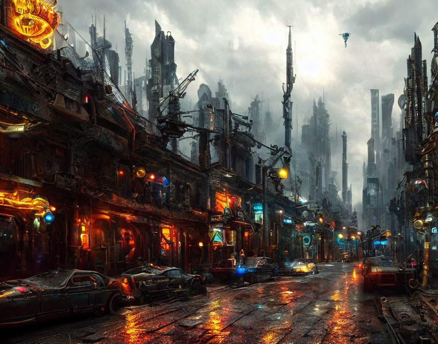 Futuristic city street with neon signs and flying vehicles in rainy ambiance.