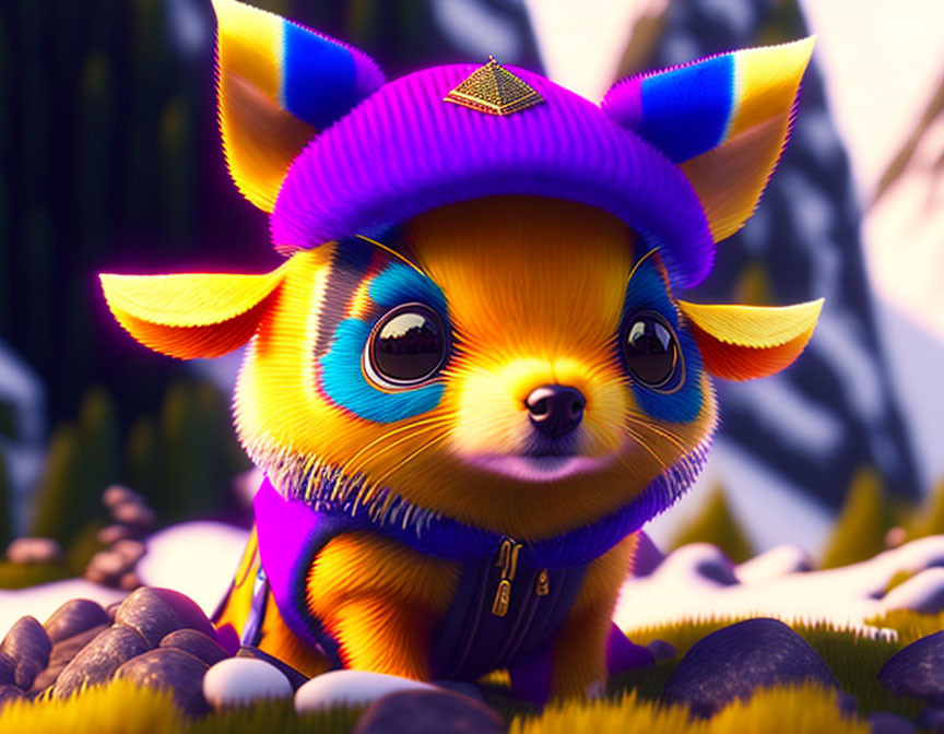 Colorful Fantasy Creature with Big Eyes and Yellow Fur in Purple Hat and Jacket