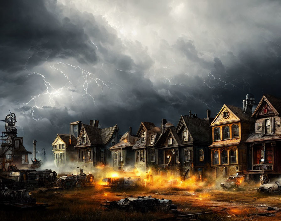 Row of dilapidated houses in stormy sky with lightning, fire, debris, and abandoned vehicles