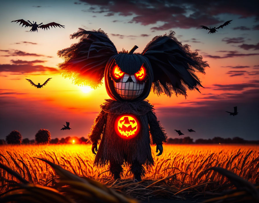 Spooky scarecrow with pumpkin head in field at sunset