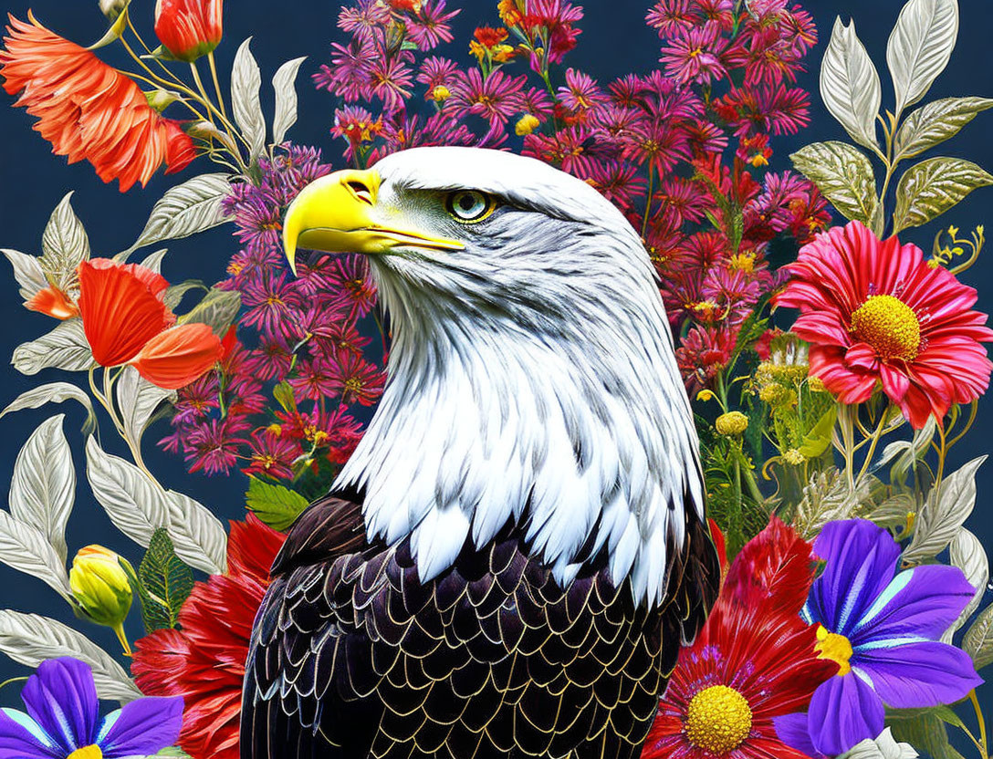 Detailed Bald Eagle Head Profile with Colorful Floral Backdrop